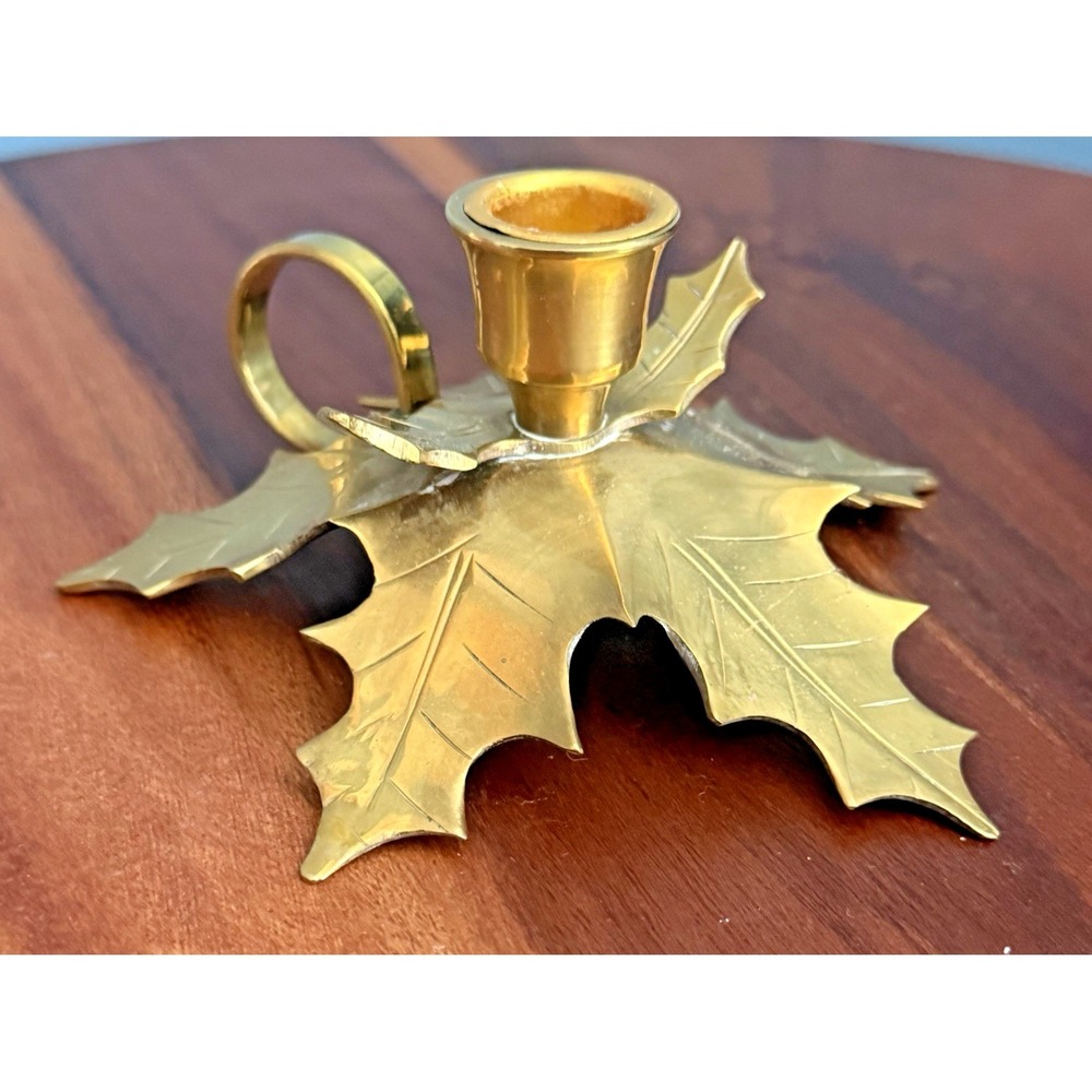 Vintage Brass Holly Leaf Shaped Chamber Candle Holder, Fingerâ Hold 6"